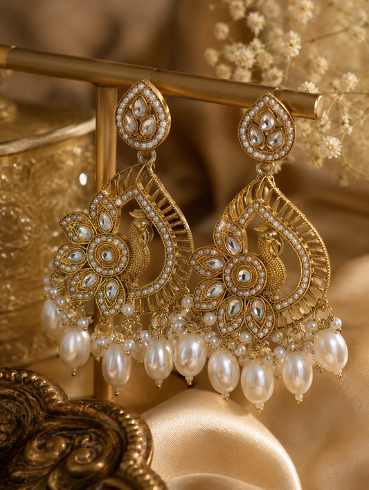 Peacock Pearl Chandbali Statement Earrings