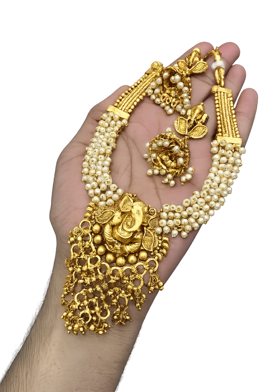 ✨ Traditional Ganesha Pearl Temple Necklace Set ✨