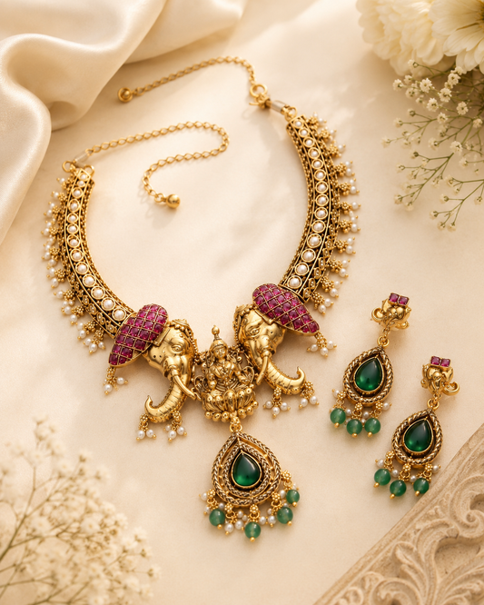 Lakshmi Temple Necklace Set With Earring | Royal Statement Piece