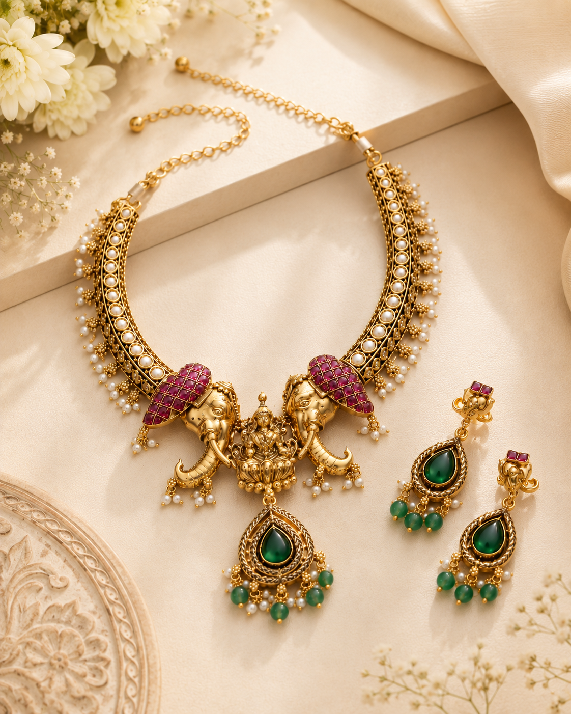 Lakshmi Temple Necklace Set With Earring | Royal Statement Piece
