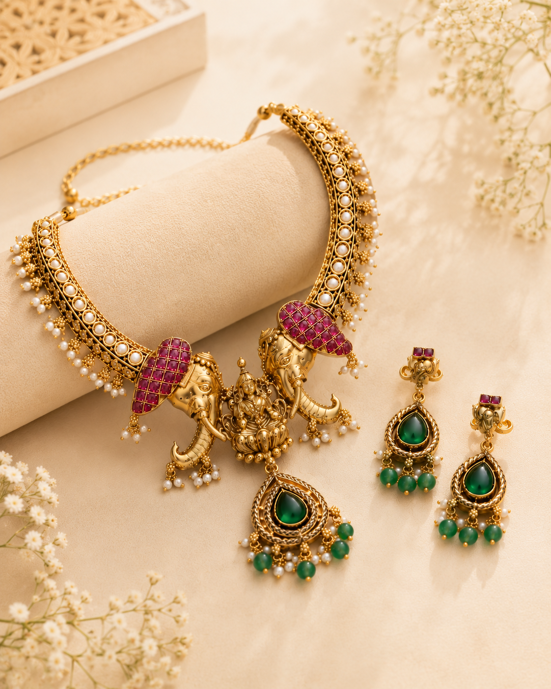 Lakshmi Temple Necklace Set With Earring | Royal Statement Piece
