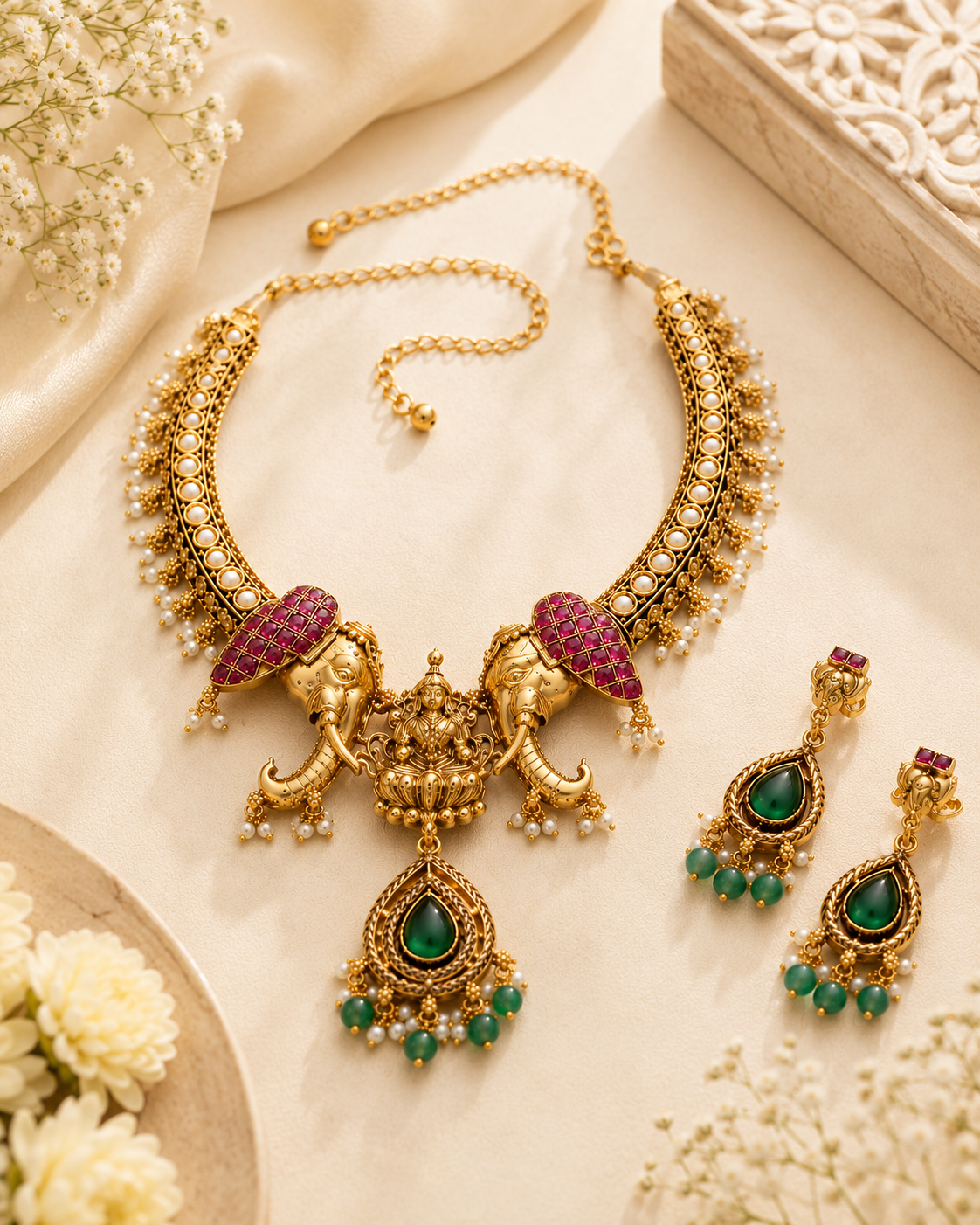 Lakshmi Temple Necklace Set With Earring | Royal Statement Piece
