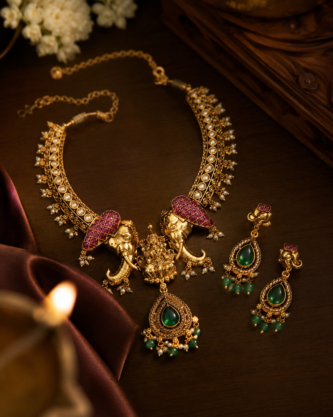 Lakshmi Temple Necklace Set With Earring | Royal Statement Piece