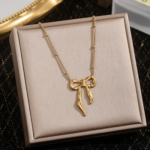 Minimalist Bow Necklace – Elegant Titanium Steel Pendant for Women