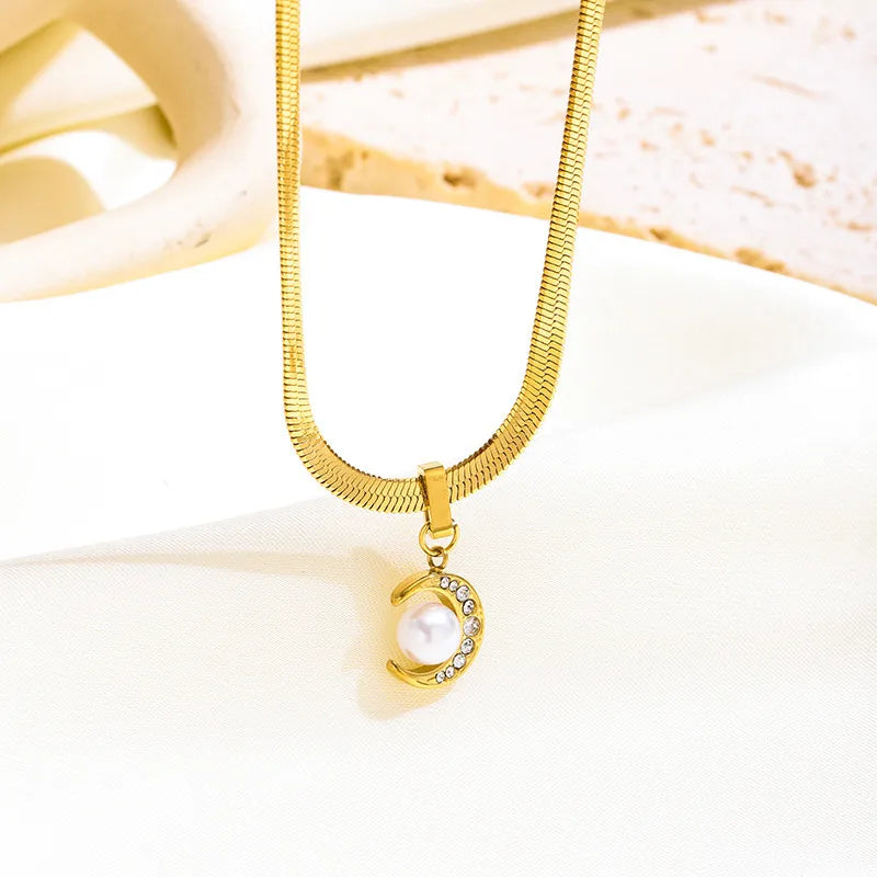 Moon Pendant Necklace For Women In Titanium Steel With Golden Plated Electroplated Finish And Snake Chain