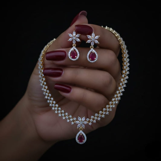 ❤️ Ruby Drop AD Diamond Necklace Set with Earrings ❤️