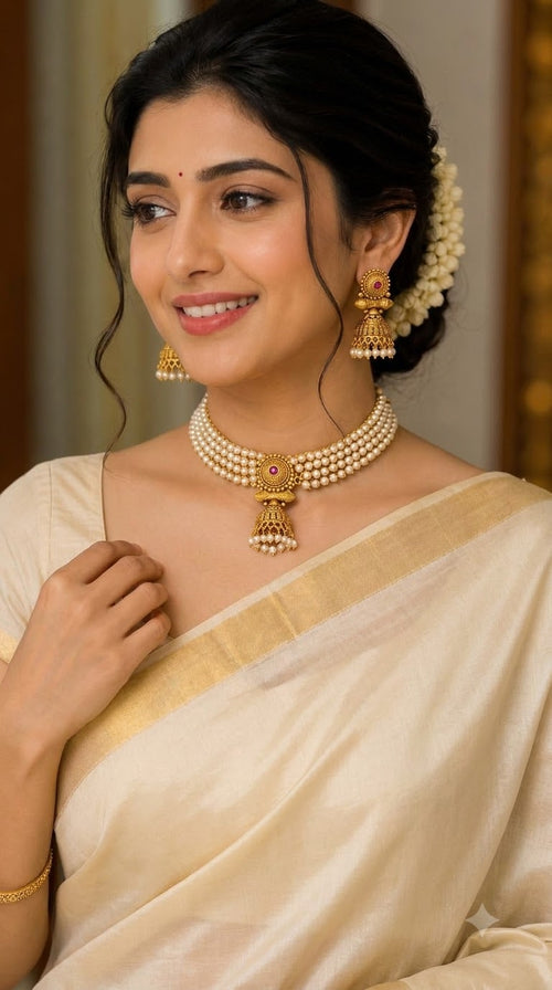 Traditional Pearl Choker Necklace Set with Matching Jhumka Earrings