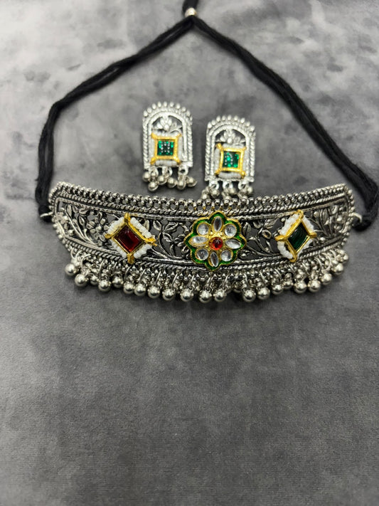 Navratri Special Oxidized Silver-Tone Traditional Choker Set with Earrings