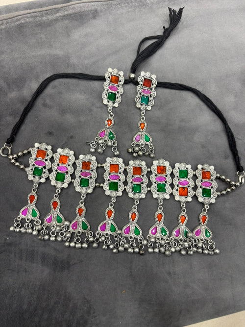 Navratri Special Multicolor Traditional Statement Necklace Set with Earrings