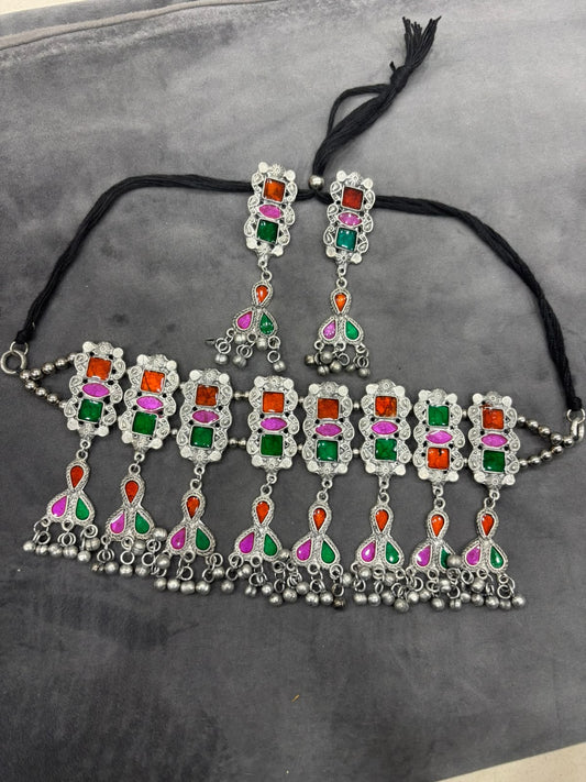 Navratri Special Multicolor Traditional Statement Necklace Set with Earrings