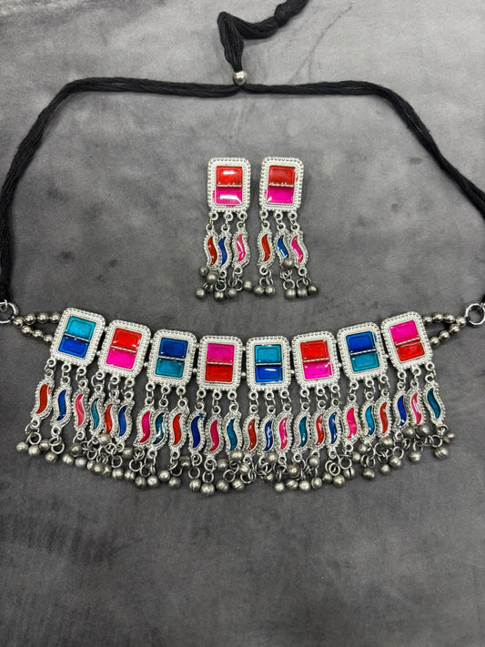 Navratri Special Multicolor Oxidized Choker Necklace Set with Matching Earrings