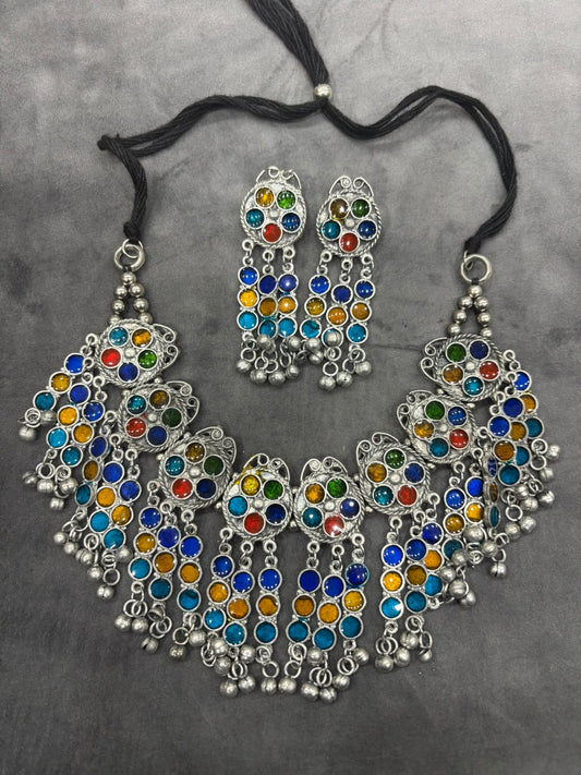 Navratri Special Multicolor Oxidized Statement Necklace Set with Earrings