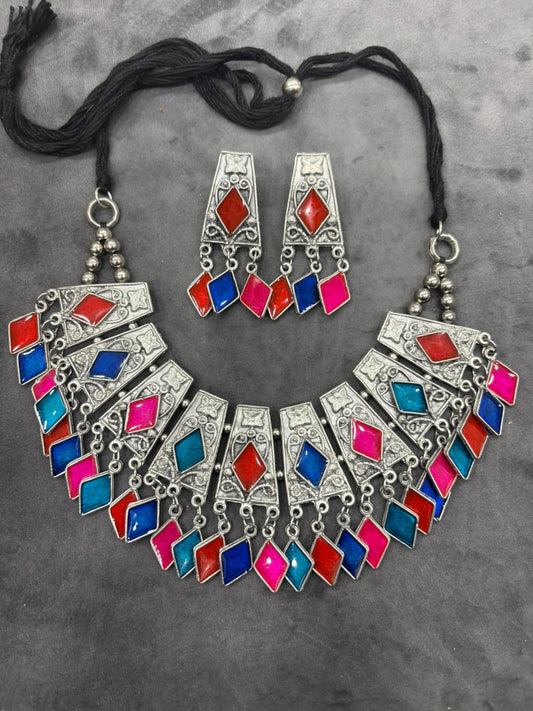 Navratri Special Multicolor Oxidized Statement Necklace Set with Earrings