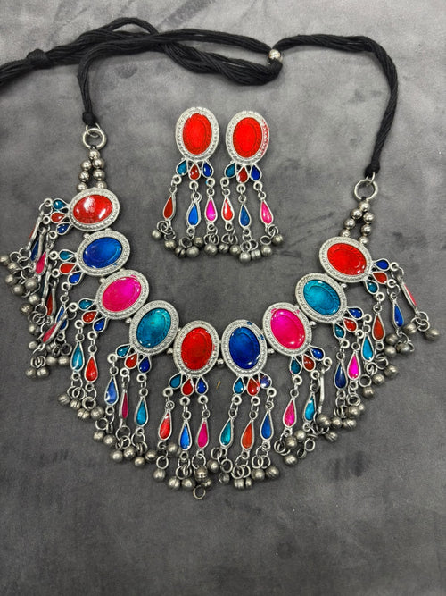 Navratri Special Multicolor Traditional Necklace Set with Matching Earrings