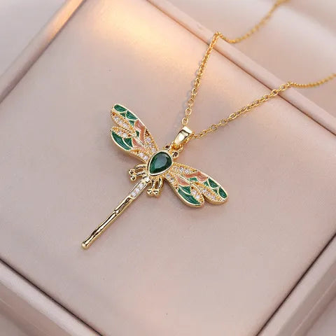 Luxury Dragonfly Necklace – Crystal & Enamel Pendant for Women