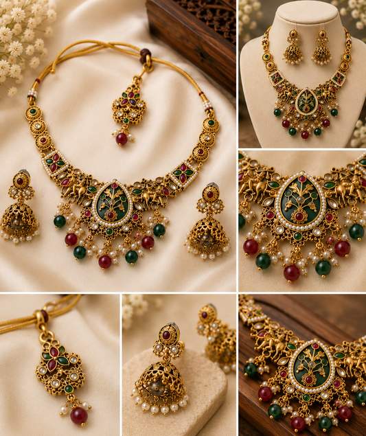 Traditional Kundan Necklace Set with Jhumka Earrings