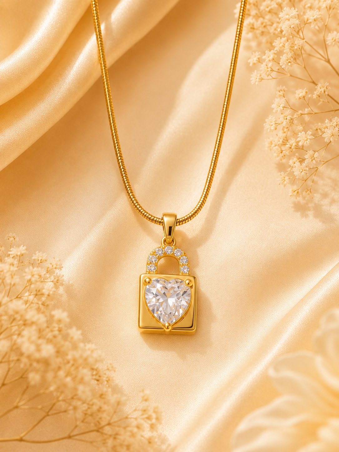 Crystal Heart Lock Pendant Necklace – Elegant Gold-Plated Necklace