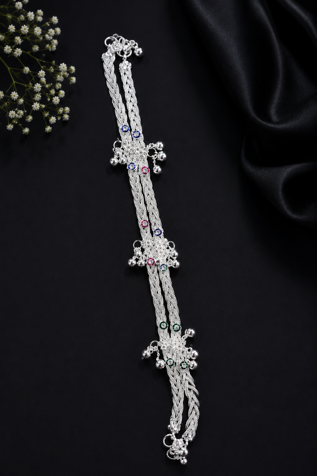 Nysha Premium Silver-Plated Braided Anklet with Ghungroo