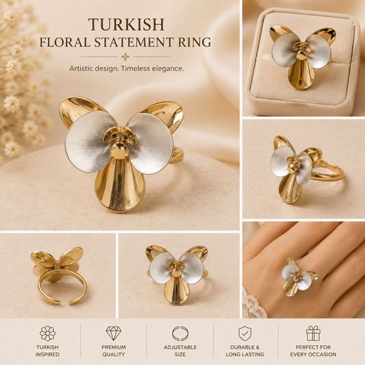 Turkish Dual Tone Floral Statement Ring for Women
