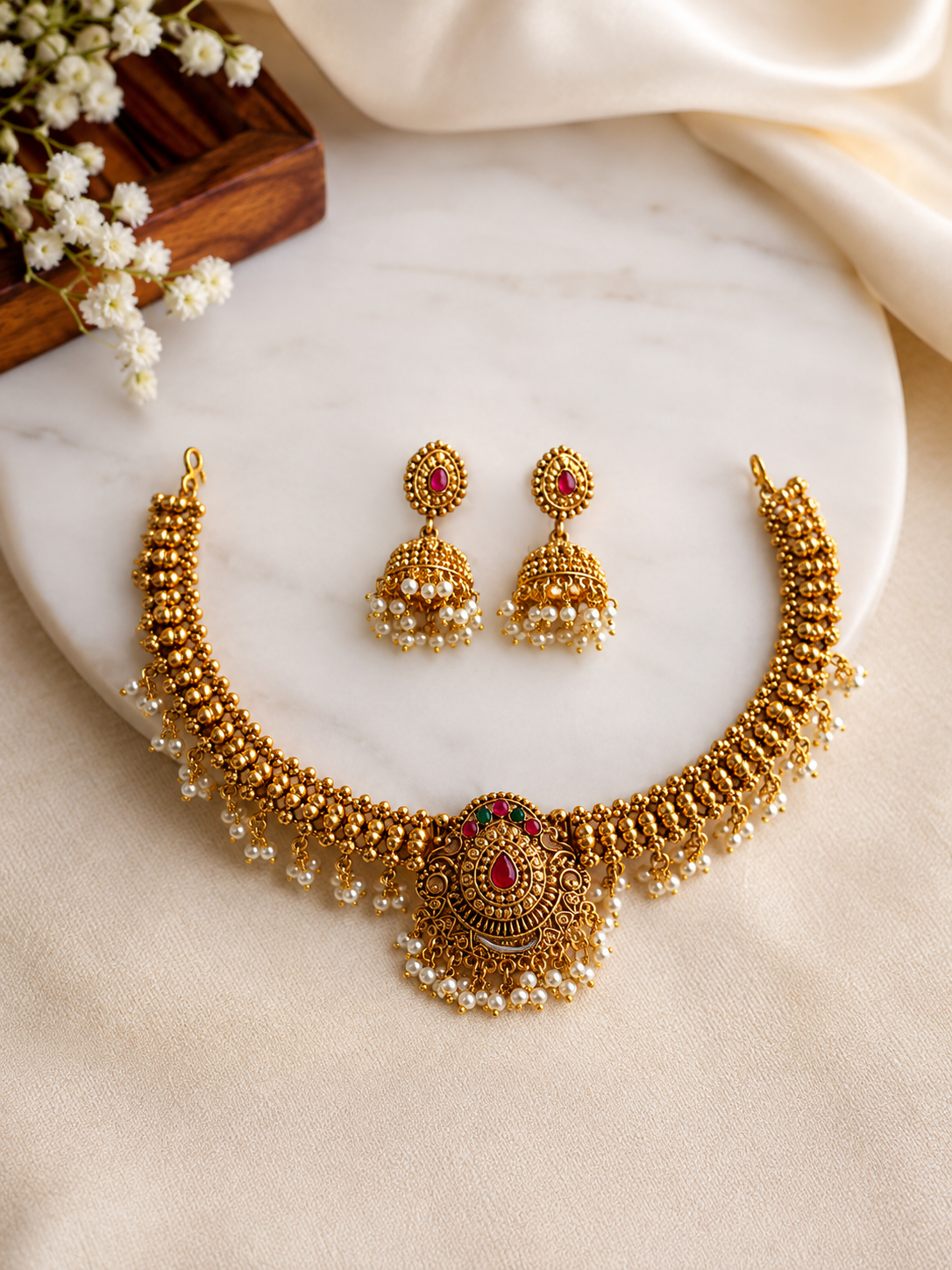 Premium Matte Finish Rani Necklace Set with Jhumka Earrings