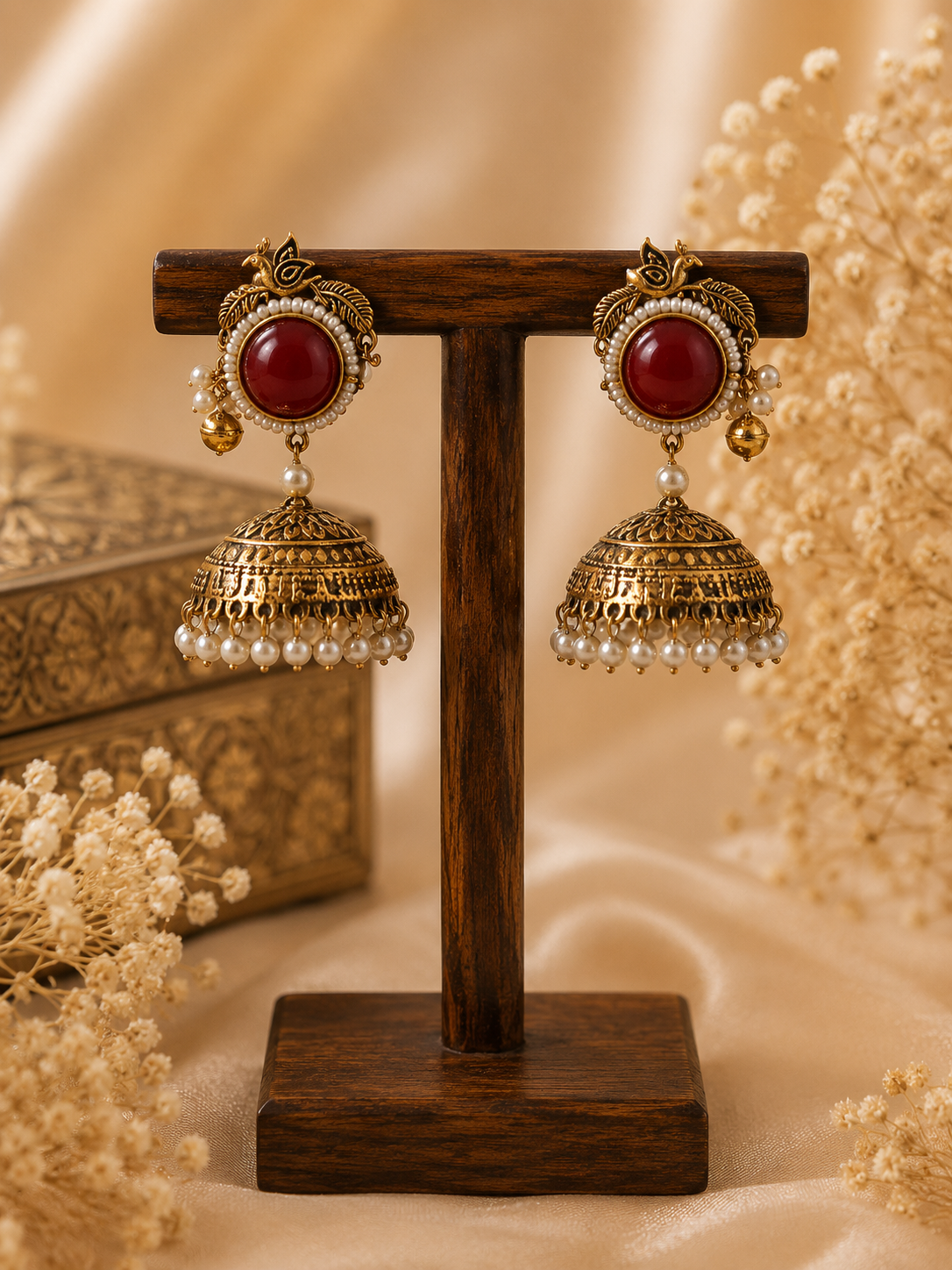 Antique Red Stone Pearl Jhumka Earrings for Women