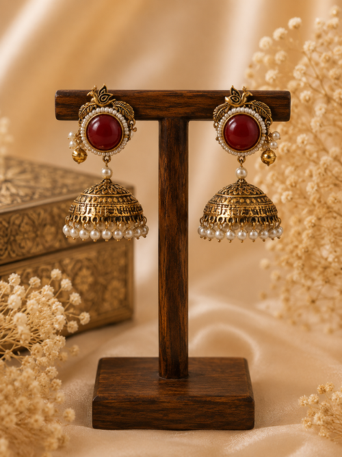 Antique Red Stone Pearl Jhumka Earrings for Women