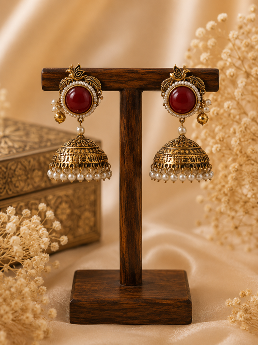 Antique Red Stone Pearl Jhumka Earrings for Women