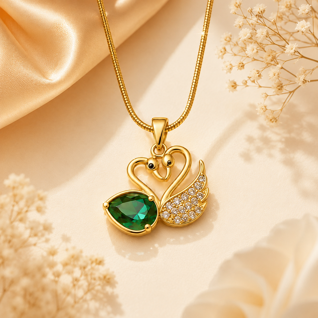 Emerald Swan Crystal Pendant Necklace – Elegant Gold-Plated Charm Necklace