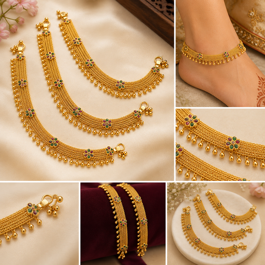 Traditional Floral Gold Payal Anklet Pair for Women