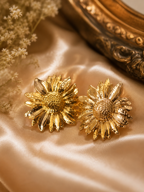 Golden Sunflower Statement Stud Earrings
