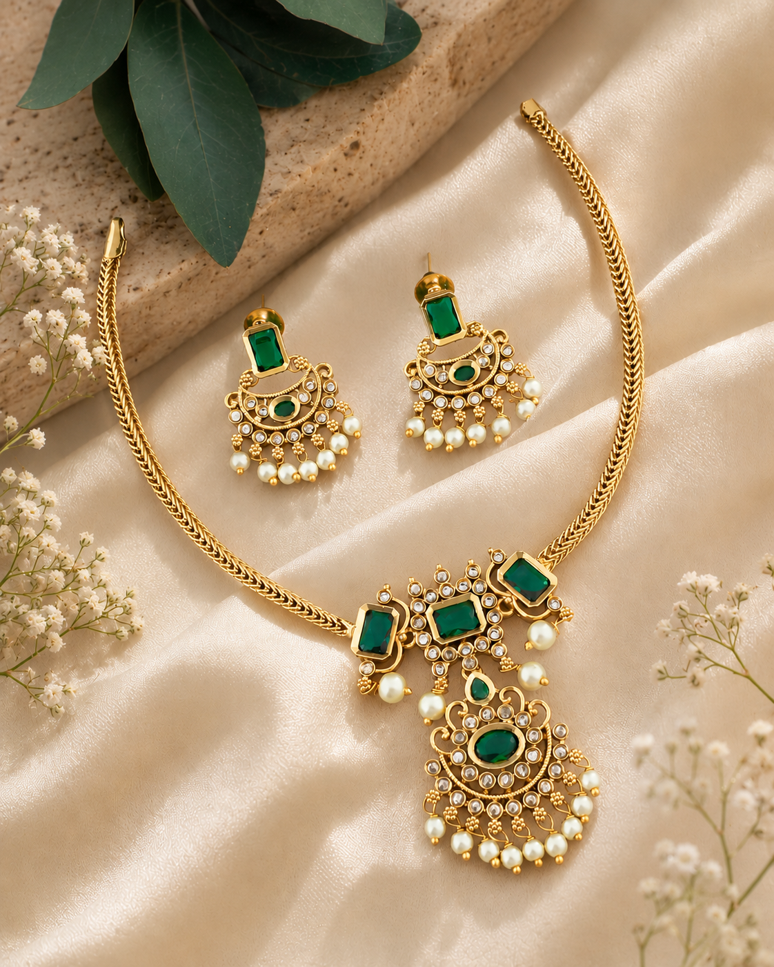 Royal Emerald Pearl Necklace Set