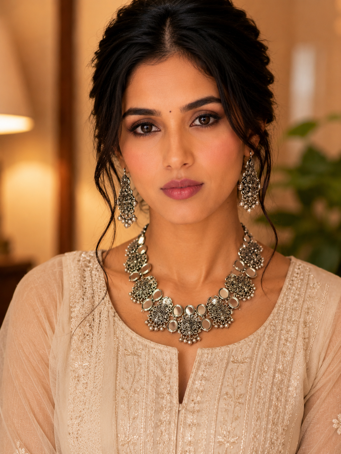 Silver Noor Oxidised Necklace Set