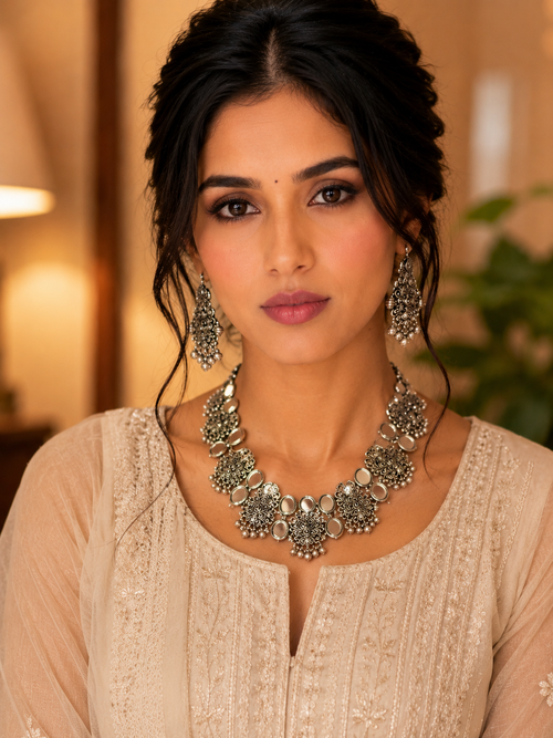 Silver Noor Oxidised Necklace Set