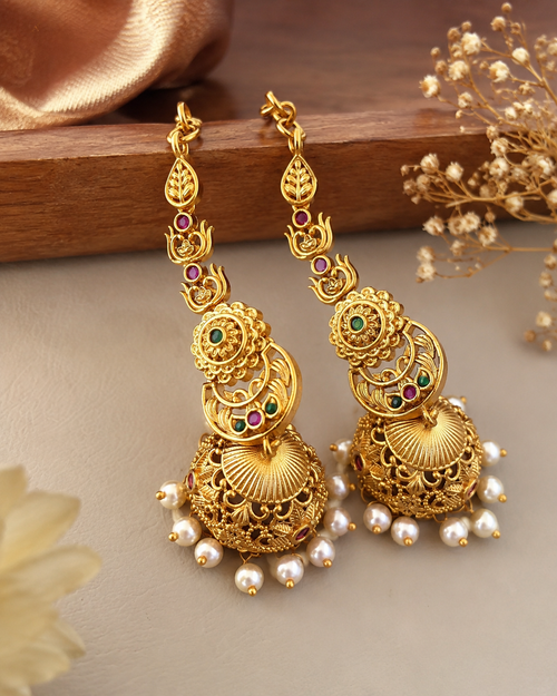 Antique Gold Pearl Jhumka Earrings