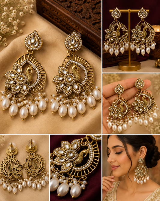 Peacock Pearl Chandbali Statement Earrings