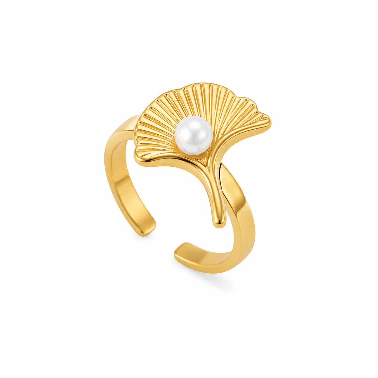 Gold Pearl Leaf Adjustable Ring for Women