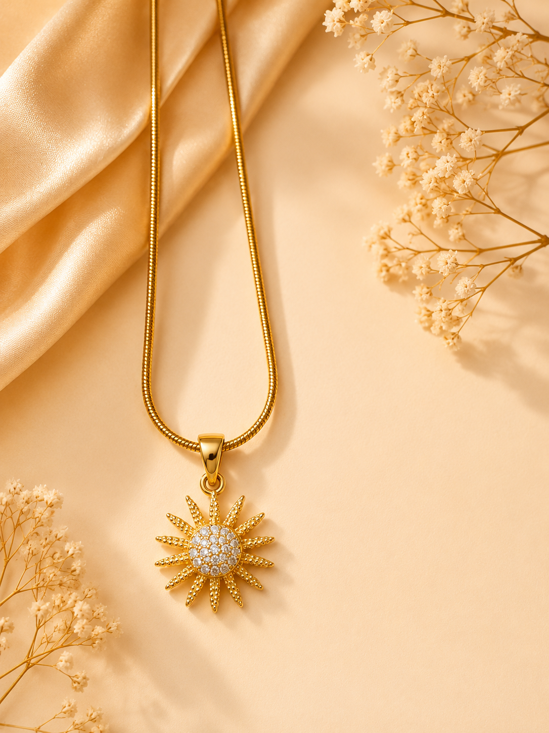 Sunburst Crystal Pendant Necklace – Radiant Gold-Plated Statement Pendant