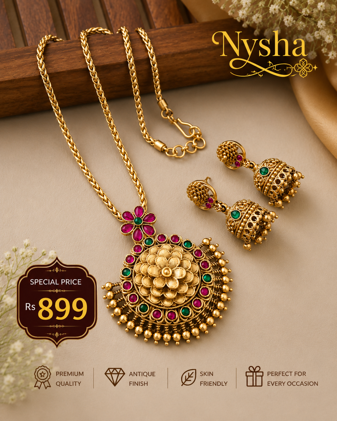 Nysha Antique Gold Floral Pendant Necklace Set with Jhumka Earrings